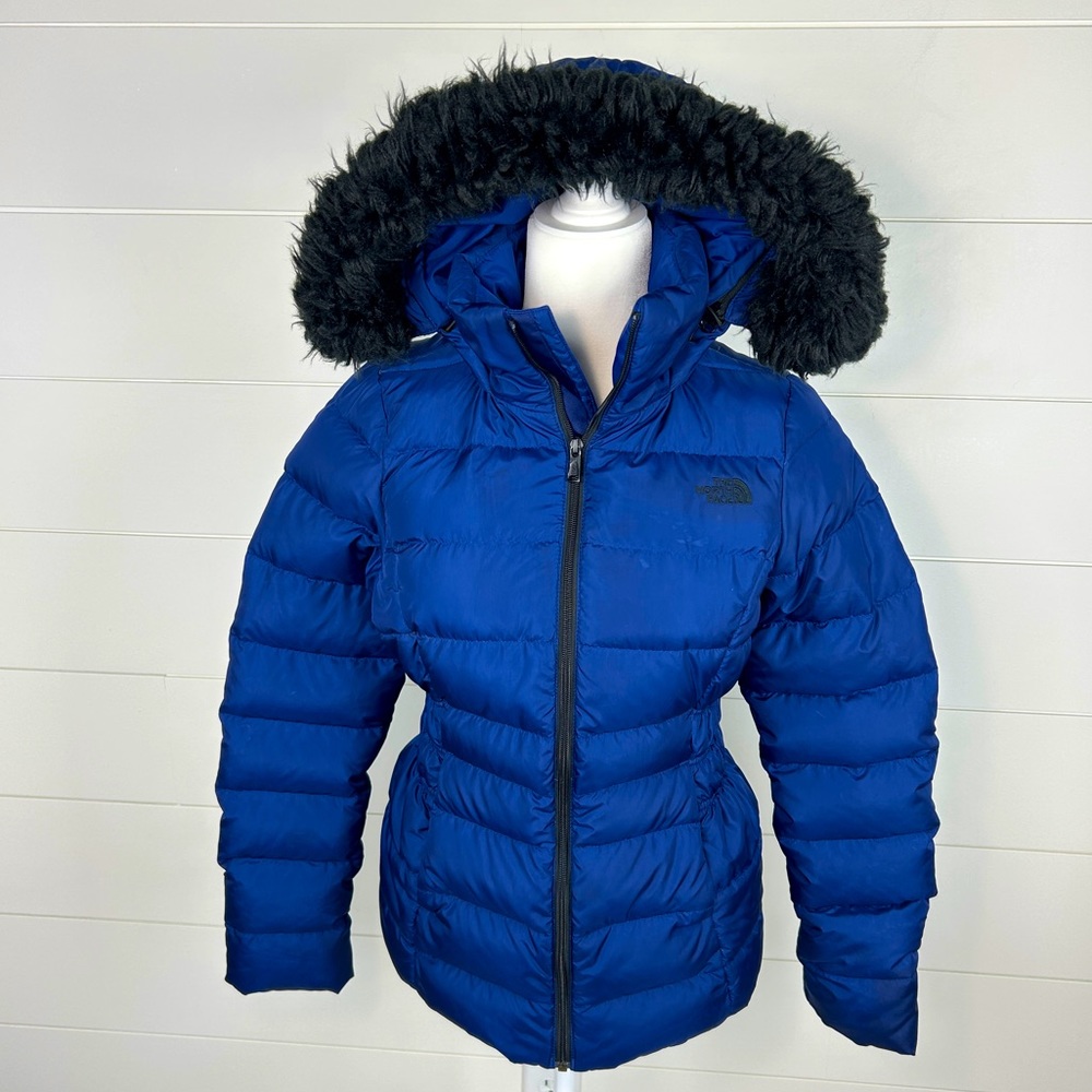 The North Face Gotham Down Jacket Blue Black Faux Fur Hood Trim Size Small S